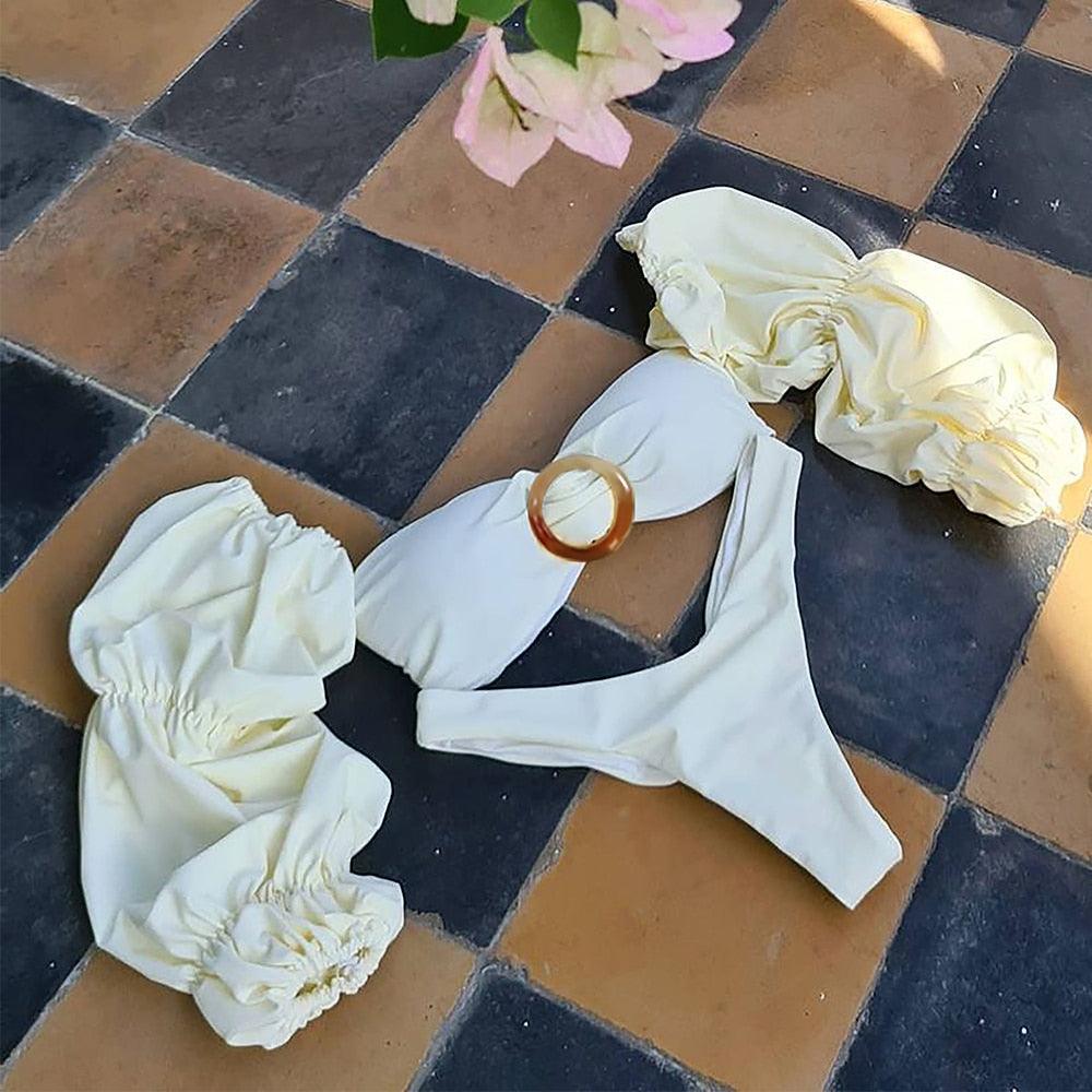 Trendy High Waist Bikini New Long Sleeve Swimsuit  Women's Long Sleeve High Waist Off-Shoulder Swimwear Women Bubble Sleeve Bikinis Mesh Charming Beach Wear Stevvex