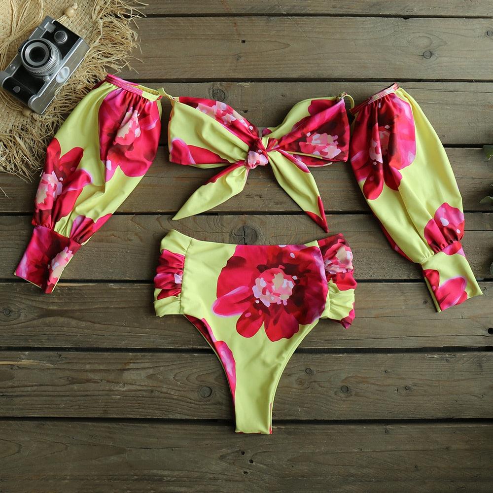 Trendy High Waist Bikini New Long Sleeve Swimsuit  Women's Long Sleeve High Waist Off-Shoulder Swimwear Women Bubble Sleeve Bikinis Mesh Charming Beach Wear Stevvex