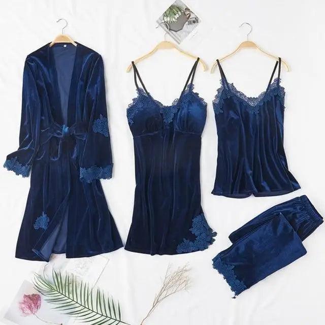 Trendy New Four Pieces Warm Winter Pajamas Sets Women Stylish Lace Robe Pajama Sleepwear Suit Sleeveless Nightwear Women's Sleepwear Set 4-Piece Women's Pajamas Elegant Comfortable Loungewear Satin Sleepwear with Robe Nightgown Pants Stevvex