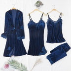 Trendy New Four Pieces Warm Winter Pajamas Sets Women Stylish Lace Robe Pajama Sleepwear Suit Sleeveless Nightwear Women's Sleepwear Set 4-Piece Women's Pajamas Elegant Comfortable Loungewear Satin Sleepwear with Robe Nightgown Pants Stevvex