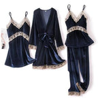 Trendy New Four Pieces Warm Winter Pajamas Sets Women Stylish Lace Robe Pajama Sleepwear Suit Sleeveless Nightwear Women's Sleepwear Set 4-Piece Women's Pajamas Elegant Comfortable Loungewear Satin Sleepwear with Robe Nightgown Pants Stevvex