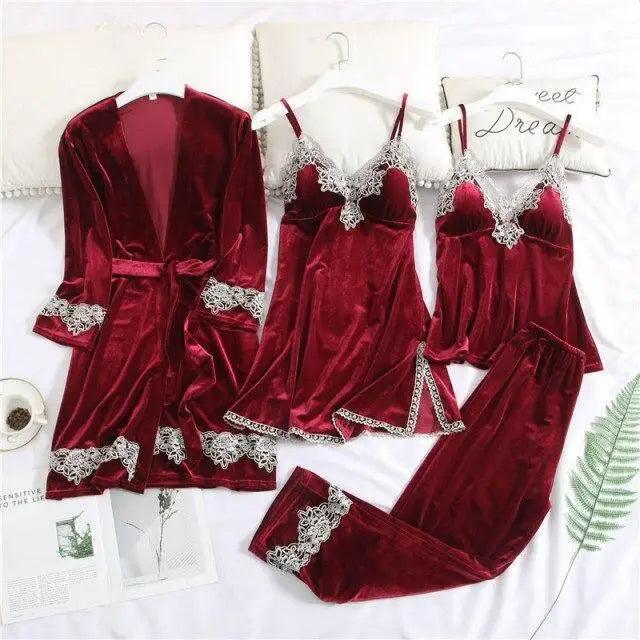 Trendy New Four Pieces Warm Winter Pajamas Sets Women Stylish Lace Robe Pajama Sleepwear Suit Sleeveless Nightwear Women's Sleepwear Set 4-Piece Women's Pajamas Elegant Comfortable Loungewear Satin Sleepwear with Robe Nightgown Pants Stevvex
