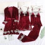Trendy New Four Pieces Warm Winter Pajamas Sets Women Stylish Lace Robe Pajama Sleepwear Suit Sleeveless Nightwear Women's Sleepwear Set 4-Piece Women's Pajamas Elegant Comfortable Loungewear Satin Sleepwear with Robe Nightgown Pants Stevvex