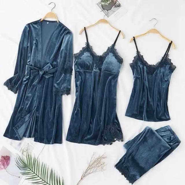 Trendy New Four Pieces Warm Winter Pajamas Sets Women Stylish Lace Robe Pajama Sleepwear Suit Sleeveless Nightwear Women's Sleepwear Set 4-Piece Women's Pajamas Elegant Comfortable Loungewear Satin Sleepwear with Robe Nightgown Pants Stevvex