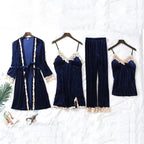 Trendy New Four Pieces Warm Winter Pajamas Sets Women Stylish Lace Robe Pajama Sleepwear Suit Sleeveless Nightwear Women's Sleepwear Set 4-Piece Women's Pajamas Elegant Comfortable Loungewear Satin Sleepwear with Robe Nightgown Pants Stevvex