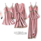 Trendy New Four Pieces Warm Winter Pajamas Sets Women Stylish Lace Robe Pajama Sleepwear Suit Sleeveless Nightwear Women's Sleepwear Set 4-Piece Women's Pajamas Elegant Comfortable Loungewear Satin Sleepwear with Robe Nightgown Pants Stevvex