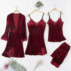 Trendy New Four Pieces Warm Winter Pajamas Sets Women Stylish Lace Robe Pajama Sleepwear Suit Sleeveless Nightwear Women's Sleepwear Set 4-Piece Women's Pajamas Elegant Comfortable Loungewear Satin Sleepwear with Robe Nightgown Pants Stevvex