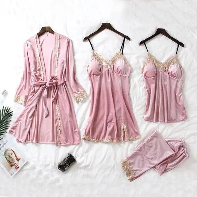 Trendy New Four Pieces Warm Winter Pajamas Sets Women Stylish Lace Robe Pajama Sleepwear Suit Sleeveless Nightwear Women's Sleepwear Set 4-Piece Women's Pajamas Elegant Comfortable Loungewear Satin Sleepwear with Robe Nightgown Pants Stevvex