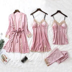 Trendy New Four Pieces Warm Winter Pajamas Sets Women Stylish Lace Robe Pajama Sleepwear Suit Sleeveless Nightwear Women's Sleepwear Set 4-Piece Women's Pajamas Elegant Comfortable Loungewear Satin Sleepwear with Robe Nightgown Pants Stevvex