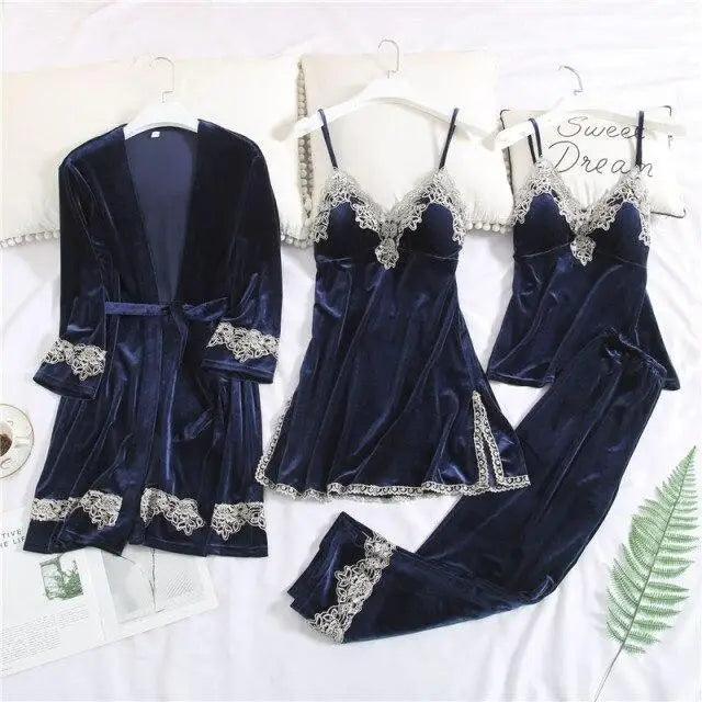 Trendy New Four Pieces Warm Winter Pajamas Sets Women Stylish Lace Robe Pajama Sleepwear Suit Sleeveless Nightwear Women's Sleepwear Set 4-Piece Women's Pajamas Elegant Comfortable Loungewear Satin Sleepwear with Robe Nightgown Pants Stevvex
