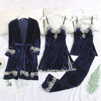 Trendy New Four Pieces Warm Winter Pajamas Sets Women Stylish Lace Robe Pajama Sleepwear Suit Sleeveless Nightwear Women's Sleepwear Set 4-Piece Women's Pajamas Elegant Comfortable Loungewear Satin Sleepwear with Robe Nightgown Pants Stevvex