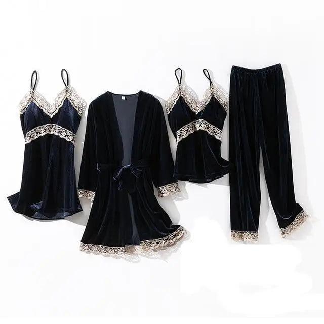 Trendy New Four Pieces Warm Winter Pajamas Sets Women Stylish Lace Robe Pajama Sleepwear Suit Sleeveless Nightwear Women's Sleepwear Set 4-Piece Women's Pajamas Elegant Comfortable Loungewear Satin Sleepwear with Robe Nightgown Pants Stevvex