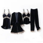 Trendy New Four Pieces Warm Winter Pajamas Sets Women Stylish Lace Robe Pajama Sleepwear Suit Sleeveless Nightwear Women's Sleepwear Set 4-Piece Women's Pajamas Elegant Comfortable Loungewear Satin Sleepwear with Robe Nightgown Pants Stevvex