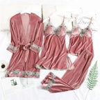 Trendy New Four Pieces Warm Winter Pajamas Sets Women Stylish Lace Robe Pajama Sleepwear Suit Sleeveless Nightwear Women's Sleepwear Set 4-Piece Women's Pajamas Elegant Comfortable Loungewear Satin Sleepwear with Robe Nightgown Pants Stevvex