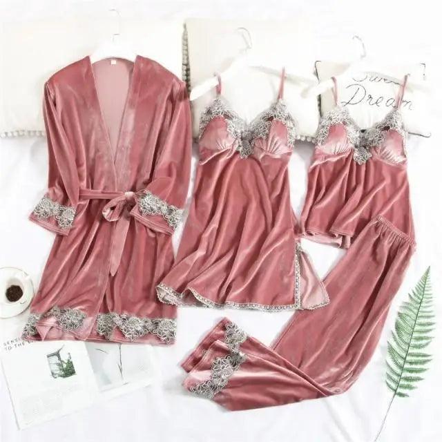 Trendy New Four Pieces Warm Winter Pajamas Sets Women Stylish Lace Robe Pajama Sleepwear Suit Sleeveless Nightwear Women's Sleepwear Set 4-Piece Women's Pajamas Elegant Comfortable Loungewear Satin Sleepwear with Robe Nightgown Pants Stevvex