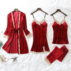 Trendy New Four Pieces Warm Winter Pajamas Sets Women Stylish Lace Robe Pajama Sleepwear Suit Sleeveless Nightwear Women's Sleepwear Set 4-Piece Women's Pajamas Elegant Comfortable Loungewear Satin Sleepwear with Robe Nightgown Pants Stevvex