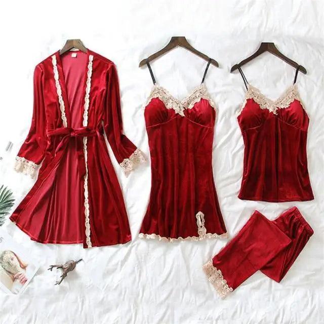 Trendy New Four Pieces Warm Winter Pajamas Sets Women Stylish Lace Robe Pajama Sleepwear Suit Sleeveless Nightwear Women's Sleepwear Set 4-Piece Women's Pajamas Elegant Comfortable Loungewear Satin Sleepwear with Robe Nightgown Pants Stevvex