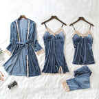 Trendy New Four Pieces Warm Winter Pajamas Sets Women Stylish Lace Robe Pajama Sleepwear Suit Sleeveless Nightwear Women's Sleepwear Set 4-Piece Women's Pajamas Elegant Comfortable Loungewear Satin Sleepwear with Robe Nightgown Pants Stevvex