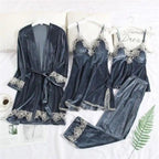Trendy New Four Pieces Warm Winter Pajamas Sets Women Stylish Lace Robe Pajama Sleepwear Suit Sleeveless Nightwear Women's Sleepwear Set 4-Piece Women's Pajamas Elegant Comfortable Loungewear Satin Sleepwear with Robe Nightgown Pants Stevvex
