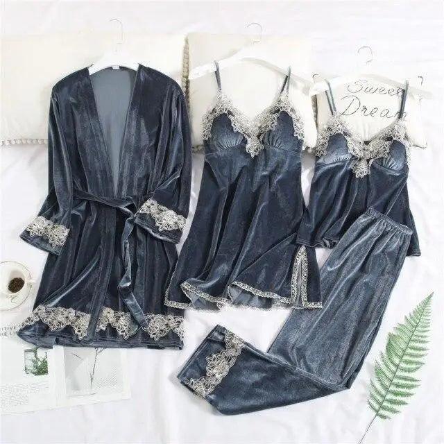 Trendy New Four Pieces Warm Winter Pajamas Sets Women Stylish Lace Robe Pajama Sleepwear Suit Sleeveless Nightwear Women's Sleepwear Set 4-Piece Women's Pajamas Elegant Comfortable Loungewear Satin Sleepwear with Robe Nightgown Pants Stevvex