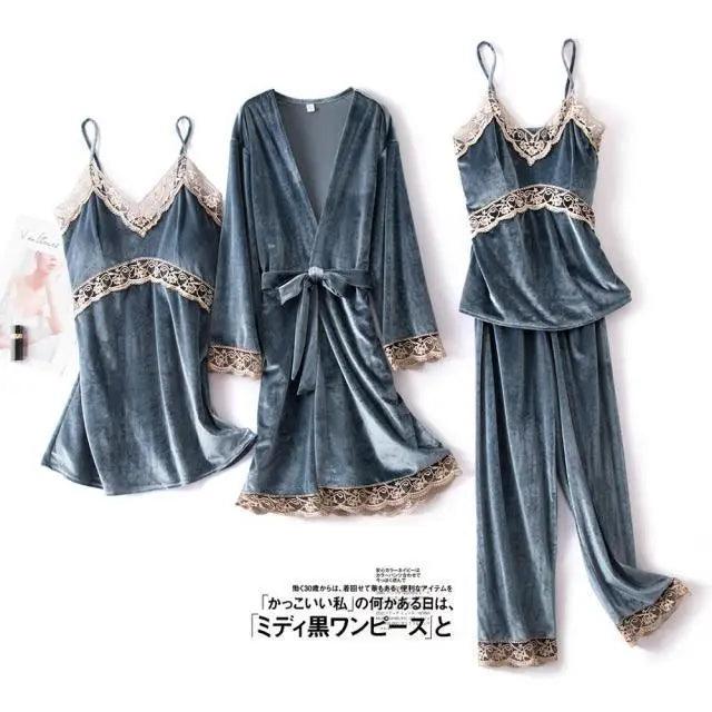 Trendy New Four Pieces Warm Winter Pajamas Sets Women Stylish Lace Robe Pajama Sleepwear Suit Sleeveless Nightwear Women's Sleepwear Set 4-Piece Women's Pajamas Elegant Comfortable Loungewear Satin Sleepwear with Robe Nightgown Pants Stevvex
