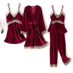 Trendy New Four Pieces Warm Winter Pajamas Sets Women Stylish Lace Robe Pajama Sleepwear Suit Sleeveless Nightwear Women's Sleepwear Set 4-Piece Women's Pajamas Elegant Comfortable Loungewear Satin Sleepwear with Robe Nightgown Pants Stevvex