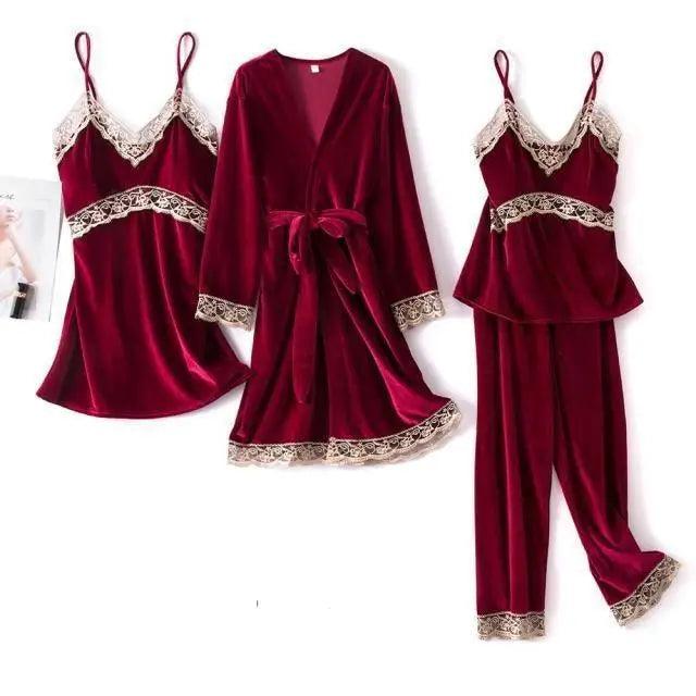 Trendy New Four Pieces Warm Winter Pajamas Sets Women Stylish Lace Robe Pajama Sleepwear Suit Sleeveless Nightwear Women's Sleepwear Set 4-Piece Women's Pajamas Elegant Comfortable Loungewear Satin Sleepwear with Robe Nightgown Pants Stevvex