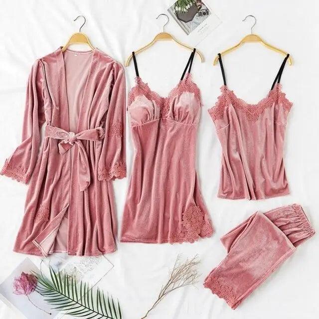 Trendy New Four Pieces Warm Winter Pajamas Sets Women Stylish Lace Robe Pajama Sleepwear Suit Sleeveless Nightwear Women's Sleepwear Set 4-Piece Women's Pajamas Elegant Comfortable Loungewear Satin Sleepwear with Robe Nightgown Pants Stevvex