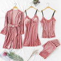 Trendy New Four Pieces Warm Winter Pajamas Sets Women Stylish Lace Robe Pajama Sleepwear Suit Sleeveless Nightwear Women's Sleepwear Set 4-Piece Women's Pajamas Elegant Comfortable Loungewear Satin Sleepwear with Robe Nightgown Pants Stevvex