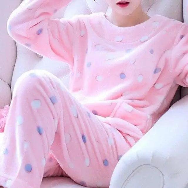 Trendy Pajama Women Thick Flannel Warm Female Winter Pajama Set Long Sleeve Full Trousers Two Piece Pajamas  Cartoon Pajamas Women Pajamas Set Sleepwear Autumn Plus Size Top Long Pant Sleepwear Girls Pajamas Stevvex