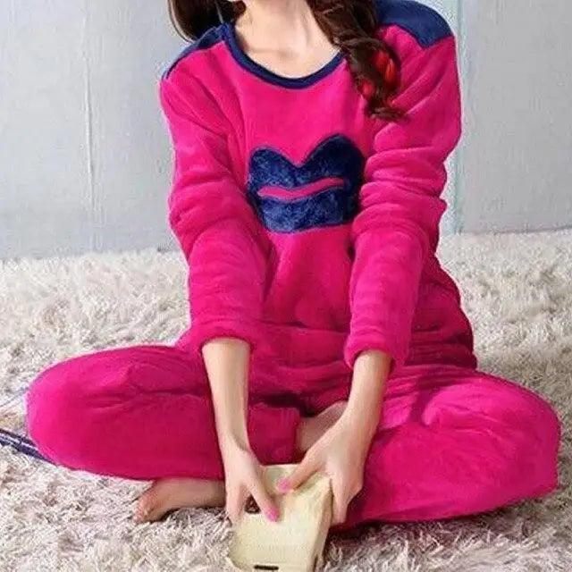 Trendy Pajama Women Thick Flannel Warm Female Winter Pajama Set Long Sleeve Full Trousers Two Piece Pajamas  Cartoon Pajamas Women Pajamas Set Sleepwear Autumn Plus Size Top Long Pant Sleepwear Girls Pajamas Stevvex