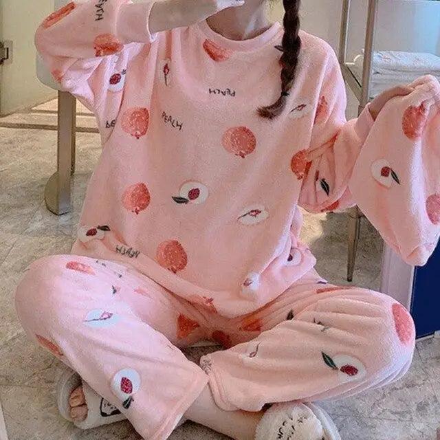 Trendy Pajama Women Thick Flannel Warm Female Winter Pajama Set Long Sleeve Full Trousers Two Piece Pajamas  Cartoon Pajamas Women Pajamas Set Sleepwear Autumn Plus Size Top Long Pant Sleepwear Girls Pajamas Stevvex