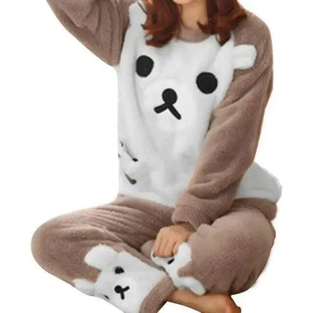 Trendy Pajama Women Thick Flannel Warm Female Winter Pajama Set Long Sleeve Full Trousers Two Piece Pajamas  Cartoon Pajamas Women Pajamas Set Sleepwear Autumn Plus Size Top Long Pant Sleepwear Girls Pajamas Stevvex