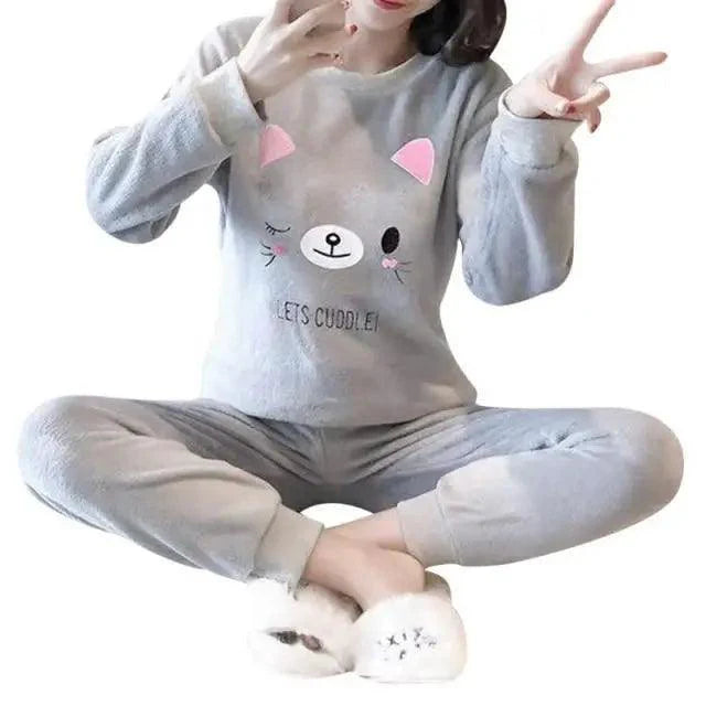 Trendy Pajama Women Thick Flannel Warm Female Winter Pajama Set Long Sleeve Full Trousers Two Piece Pajamas  Cartoon Pajamas Women Pajamas Set Sleepwear Autumn Plus Size Top Long Pant Sleepwear Girls Pajamas Stevvex