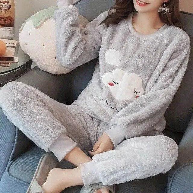Trendy Pajama Women Thick Flannel Warm Female Winter Pajama Set Long Sleeve Full Trousers Two Piece Pajamas  Cartoon Pajamas Women Pajamas Set Sleepwear Autumn Plus Size Top Long Pant Sleepwear Girls Pajamas Stevvex