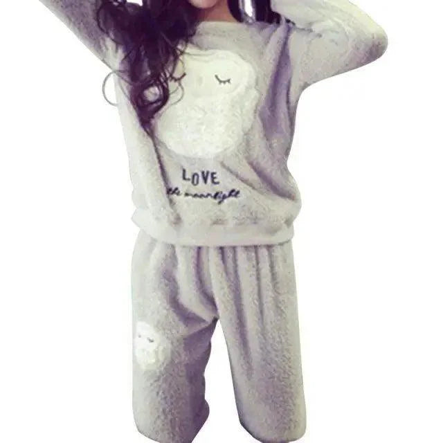 Trendy Pajama Women Thick Flannel Warm Female Winter Pajama Set Long Sleeve Full Trousers Two Piece Pajamas  Cartoon Pajamas Women Pajamas Set Sleepwear Autumn Plus Size Top Long Pant Sleepwear Girls Pajamas Stevvex