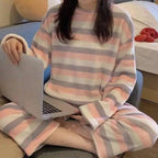 Trendy Pajama Women Thick Flannel Warm Female Winter Pajama Set Long Sleeve Full Trousers Two Piece Pajamas  Cartoon Pajamas Women Pajamas Set Sleepwear Autumn Plus Size Top Long Pant Sleepwear Girls Pajamas Stevvex