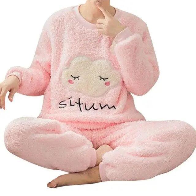 Trendy Pajama Women Thick Flannel Warm Female Winter Pajama Set Long Sleeve Full Trousers Two Piece Pajamas  Cartoon Pajamas Women Pajamas Set Sleepwear Autumn Plus Size Top Long Pant Sleepwear Girls Pajamas Stevvex