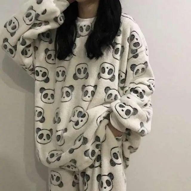 Trendy Pajama Women Thick Flannel Warm Female Winter Pajama Set Long Sleeve Full Trousers Two Piece Pajamas  Cartoon Pajamas Women Pajamas Set Sleepwear Autumn Plus Size Top Long Pant Sleepwear Girls Pajamas Stevvex