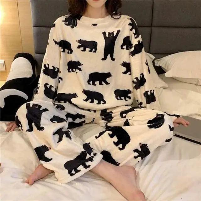Trendy Pajama Women Thick Flannel Warm Female Winter Pajama Set Long Sleeve Full Trousers Two Piece Pajamas  Cartoon Pajamas Women Pajamas Set Sleepwear Autumn Plus Size Top Long Pant Sleepwear Girls Pajamas Stevvex