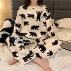 Trendy Pajama Women Thick Flannel Warm Female Winter Pajama Set Long Sleeve Full Trousers Two Piece Pajamas  Cartoon Pajamas Women Pajamas Set Sleepwear Autumn Plus Size Top Long Pant Sleepwear Girls Pajamas Stevvex