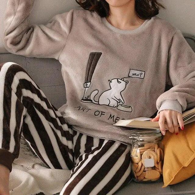 Trendy Pajama Women Thick Flannel Warm Female Winter Pajama Set Long Sleeve Full Trousers Two Piece Pajamas  Cartoon Pajamas Women Pajamas Set Sleepwear Autumn Plus Size Top Long Pant Sleepwear Girls Pajamas Stevvex