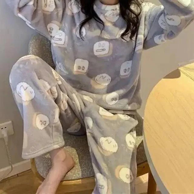 Trendy Pajama Women Thick Flannel Warm Female Winter Pajama Set Long Sleeve Full Trousers Two Piece Pajamas  Cartoon Pajamas Women Pajamas Set Sleepwear Autumn Plus Size Top Long Pant Sleepwear Girls Pajamas Stevvex