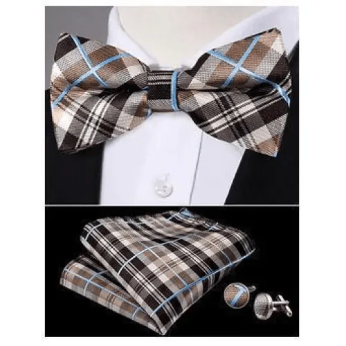 Trendy Patterned Silk Jacquard Plaid Bowtie With  Pocket Square And Cufflinks Set For Men Unique  Butterfly Party Wedding Casual Business Bowtie For Men Stevvex
