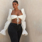 Trendy Summer cute casual elegant puff long sleeve ruffle lace up best fashion Ruched crop top shirts