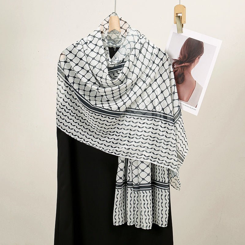 Trendy Women's Chiffon Keffiyeh Scarf with Print – Perfect for Summer, Travel & Islamic Modest Fashion(MH110)