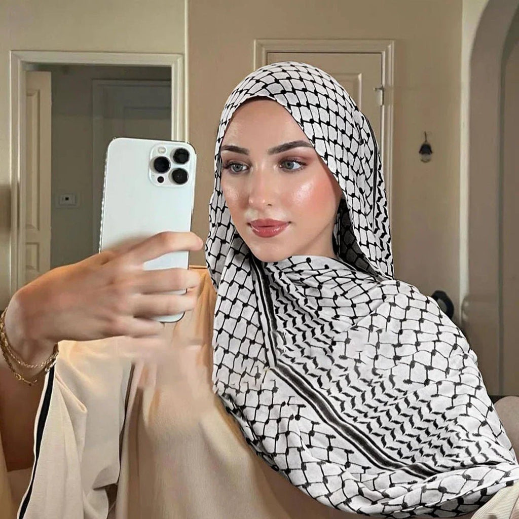 Trendy Women's Chiffon Keffiyeh Scarf with Print – Perfect for Summer, Travel & Islamic Modest Fashion(MH110)