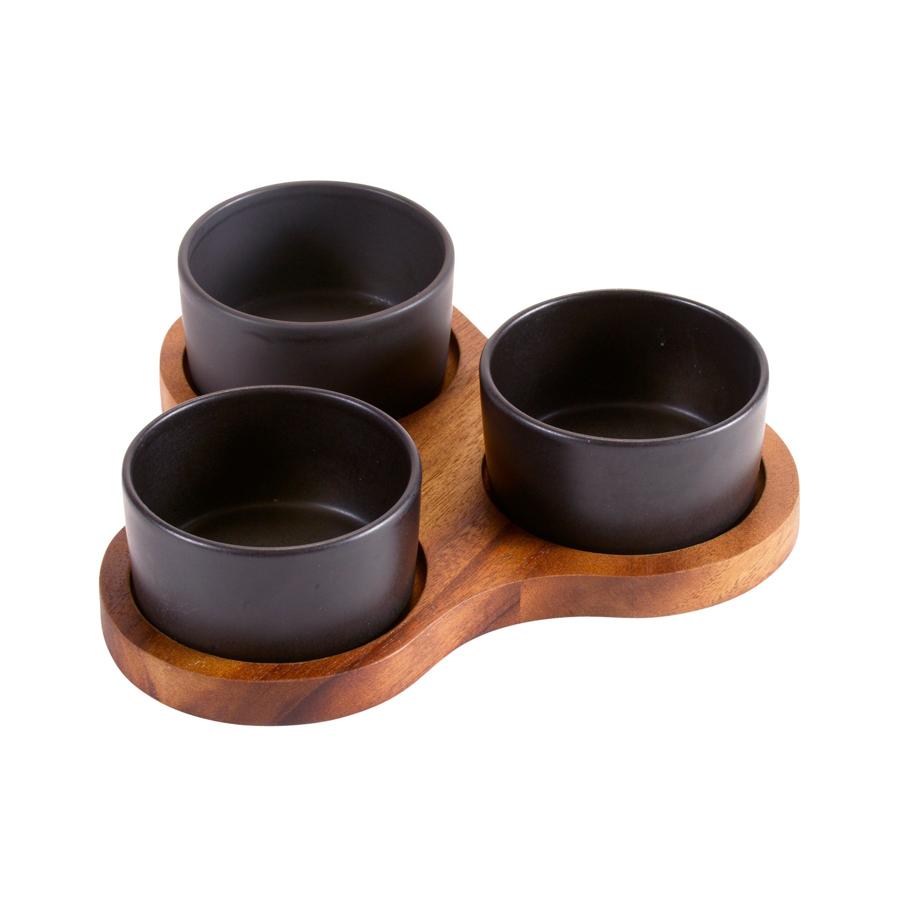 Triangular Acacia Charcuterie Board With 3 Black Ceramic Dishes 10x10 Inch BandsCo Straps