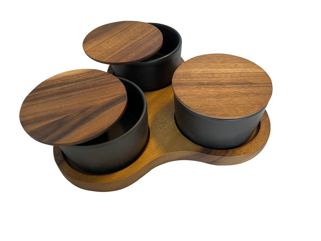 Triangular Acacia Charcuterie Board With 3 Black Ceramic Dishes 10x10 Inch BandsCo Straps