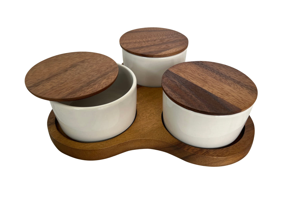 Triangular Acacia Serving Board With 3 White Ceramic Dishes 10in Square Cheese Charcuterie Set BandsCo Straps